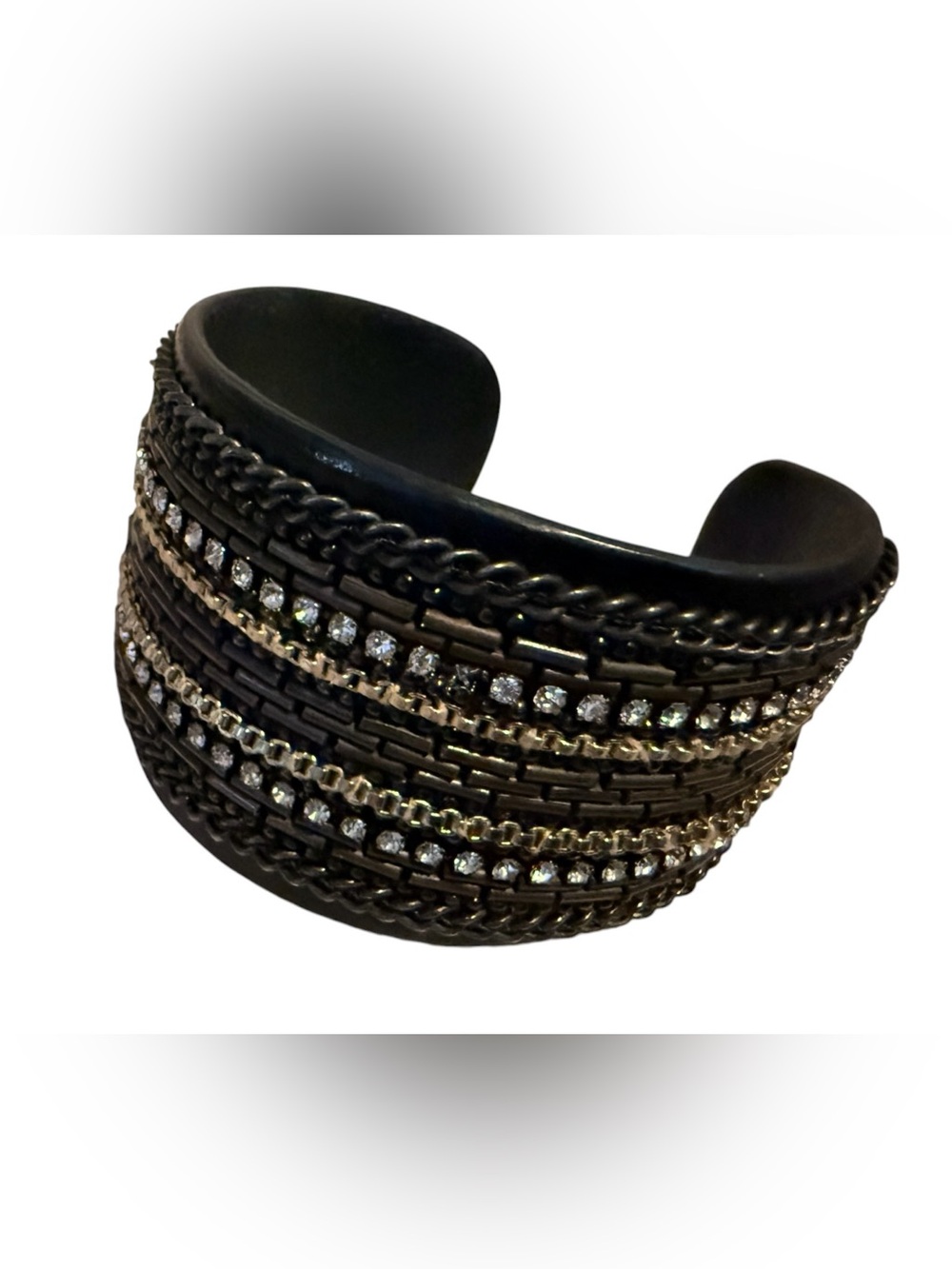 Black Rhinestone Chain Wide Statement Cuff Bracelet